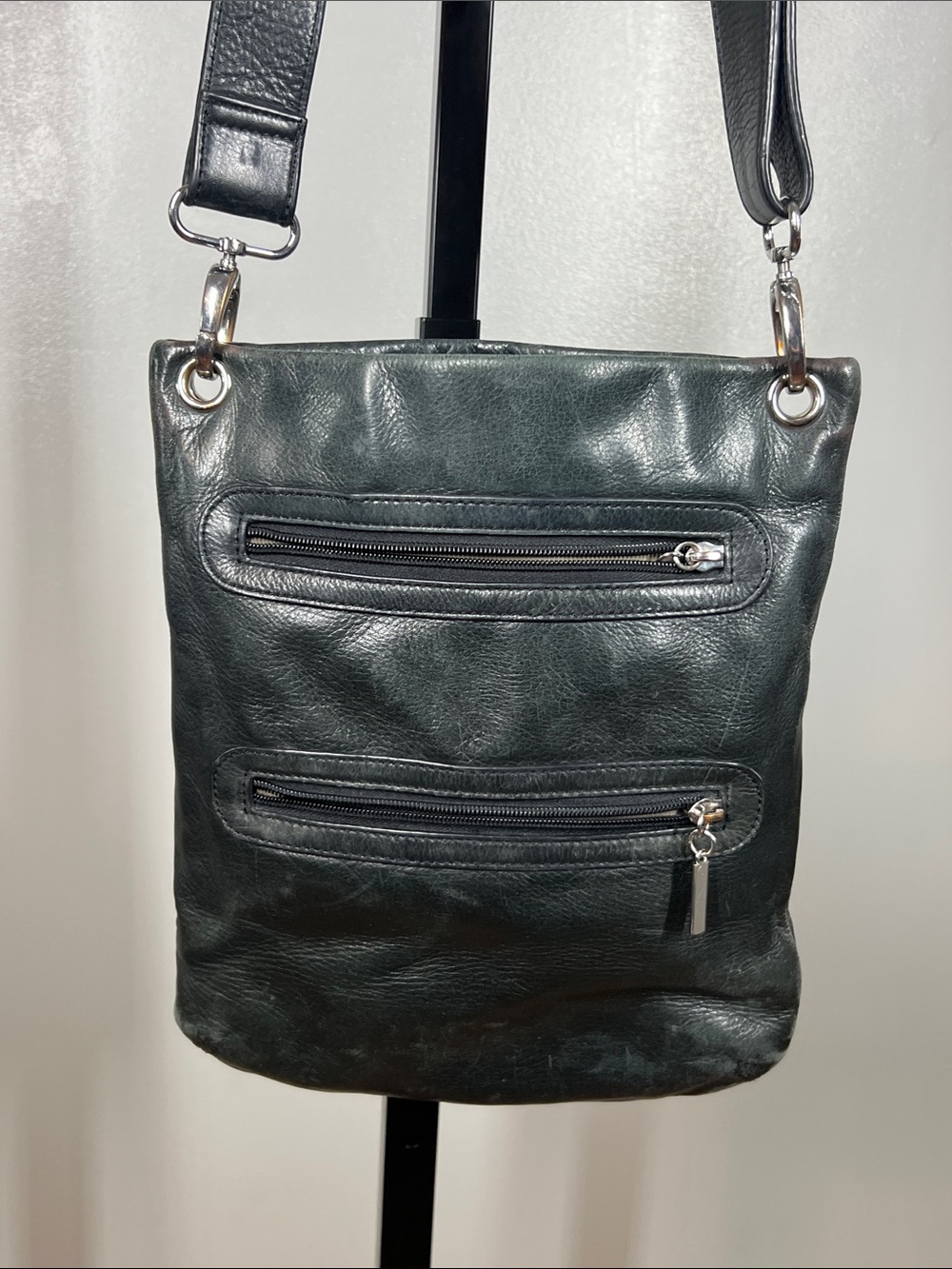 Margot Dark Green Leather Messenger Bag with Silver Hardware